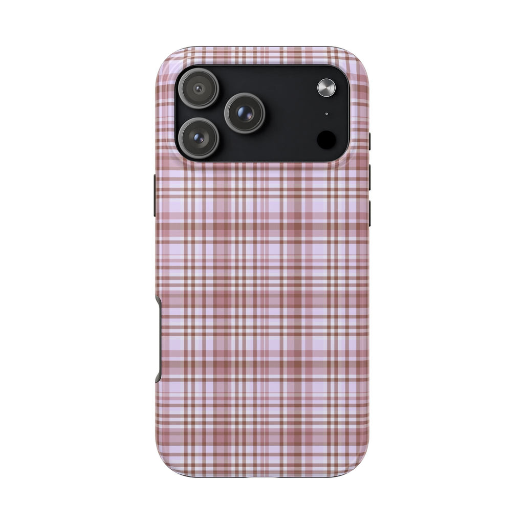 Lavender plaid phone case with camera cutouts and smooth rounded edges