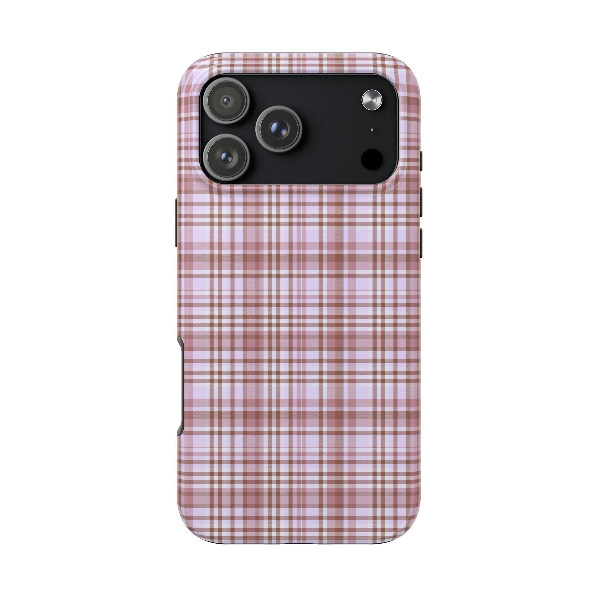 Lavender plaid phone case with camera cutouts and smooth rounded edges