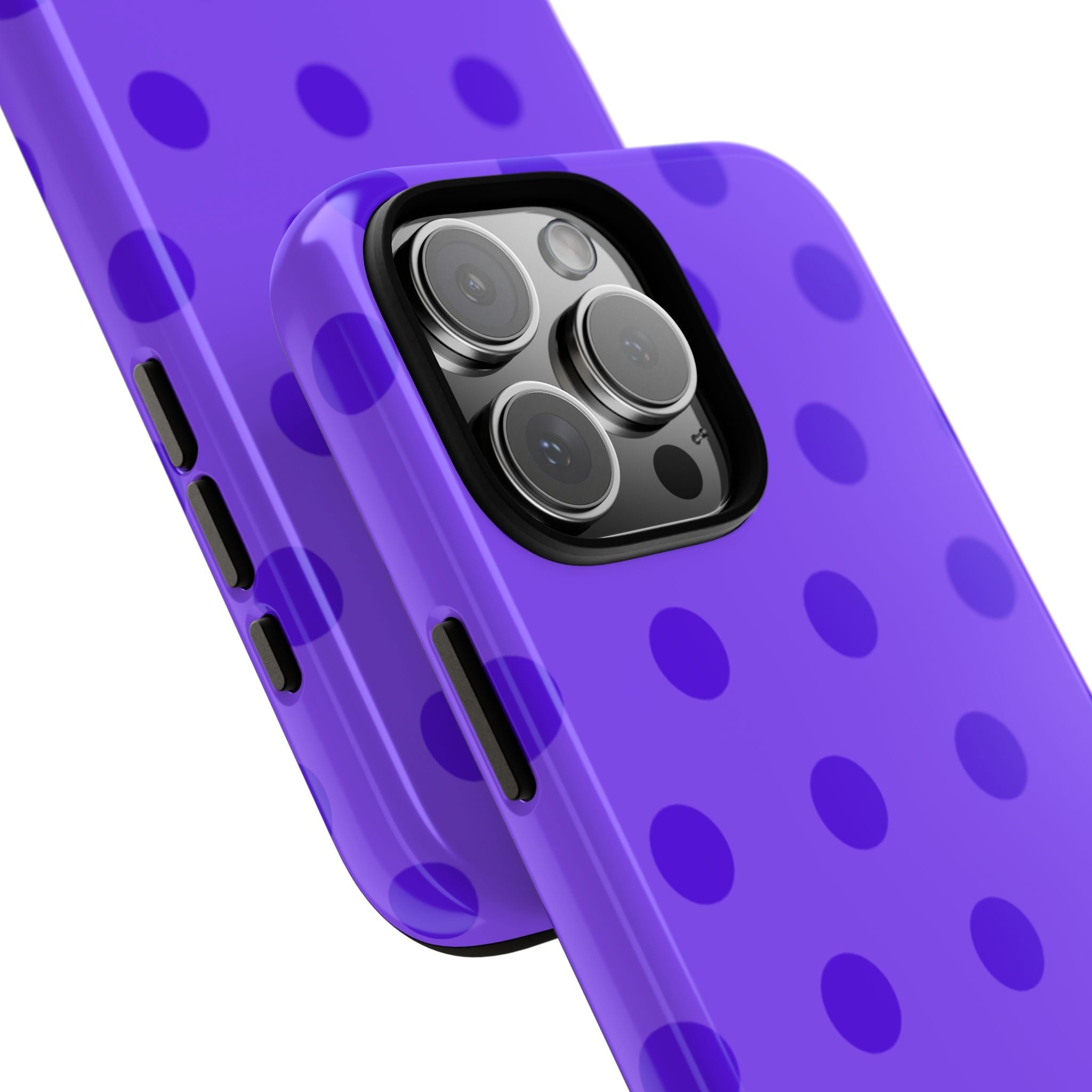 Lavender polka dot phone case corner view with camera lens area