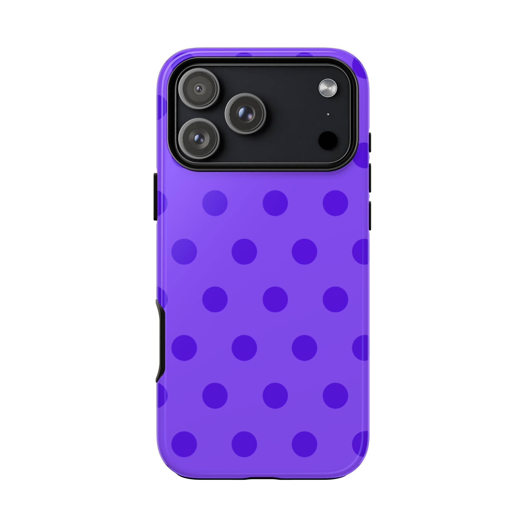Lavender polka dot phone case with camera cutout and protective edges