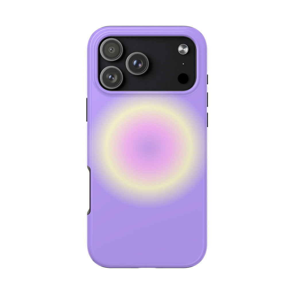 Lavender phone case with sun-aura holographic circle and raised camera cover