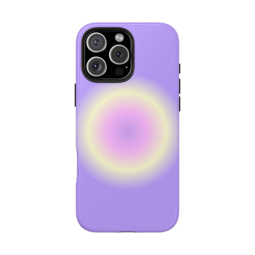 Lavender phone case back with glowing sun-aura ring pattern around camera cutout