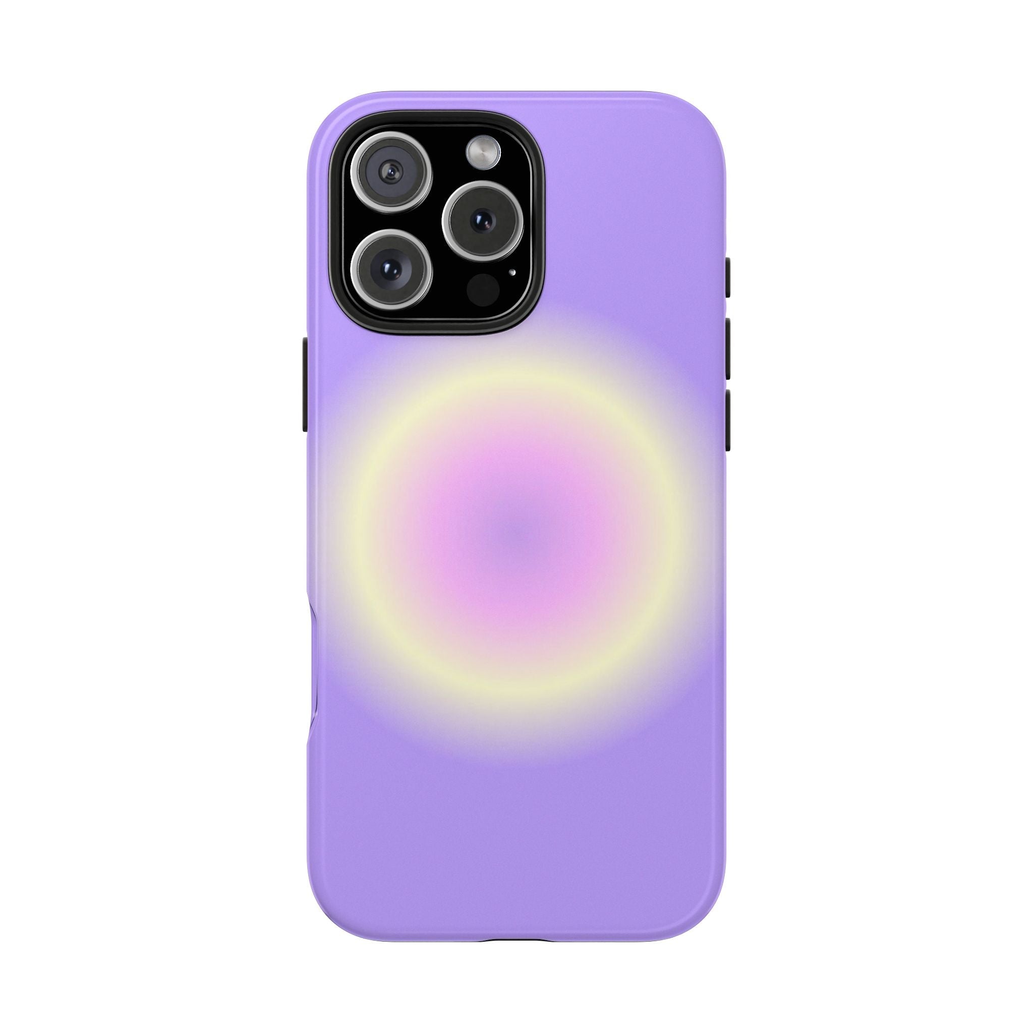 Lavender phone case back with glowing sun-aura ring pattern around camera cutout