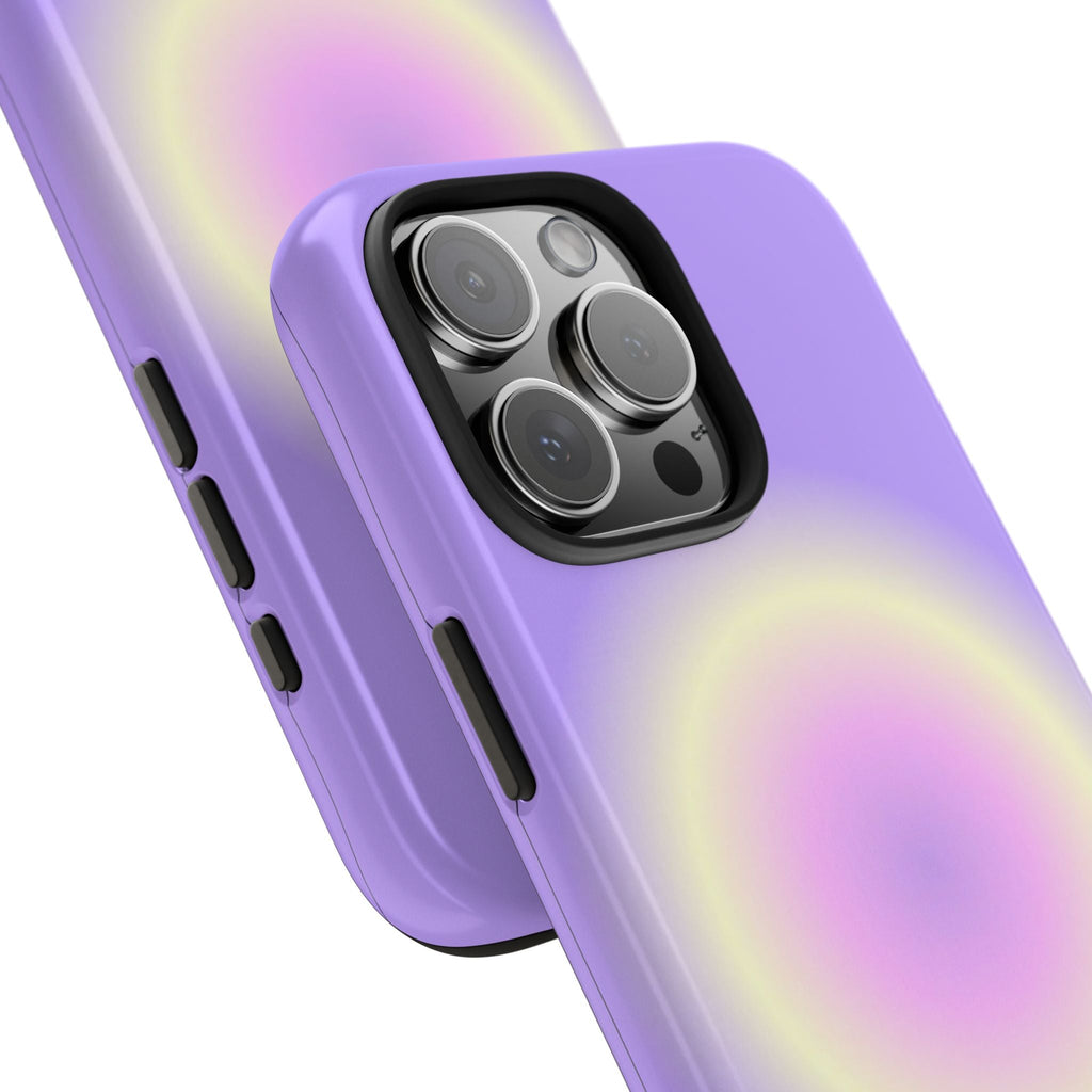 Lavender phone case side profile with sun-aura glow and triple-lens camera opening