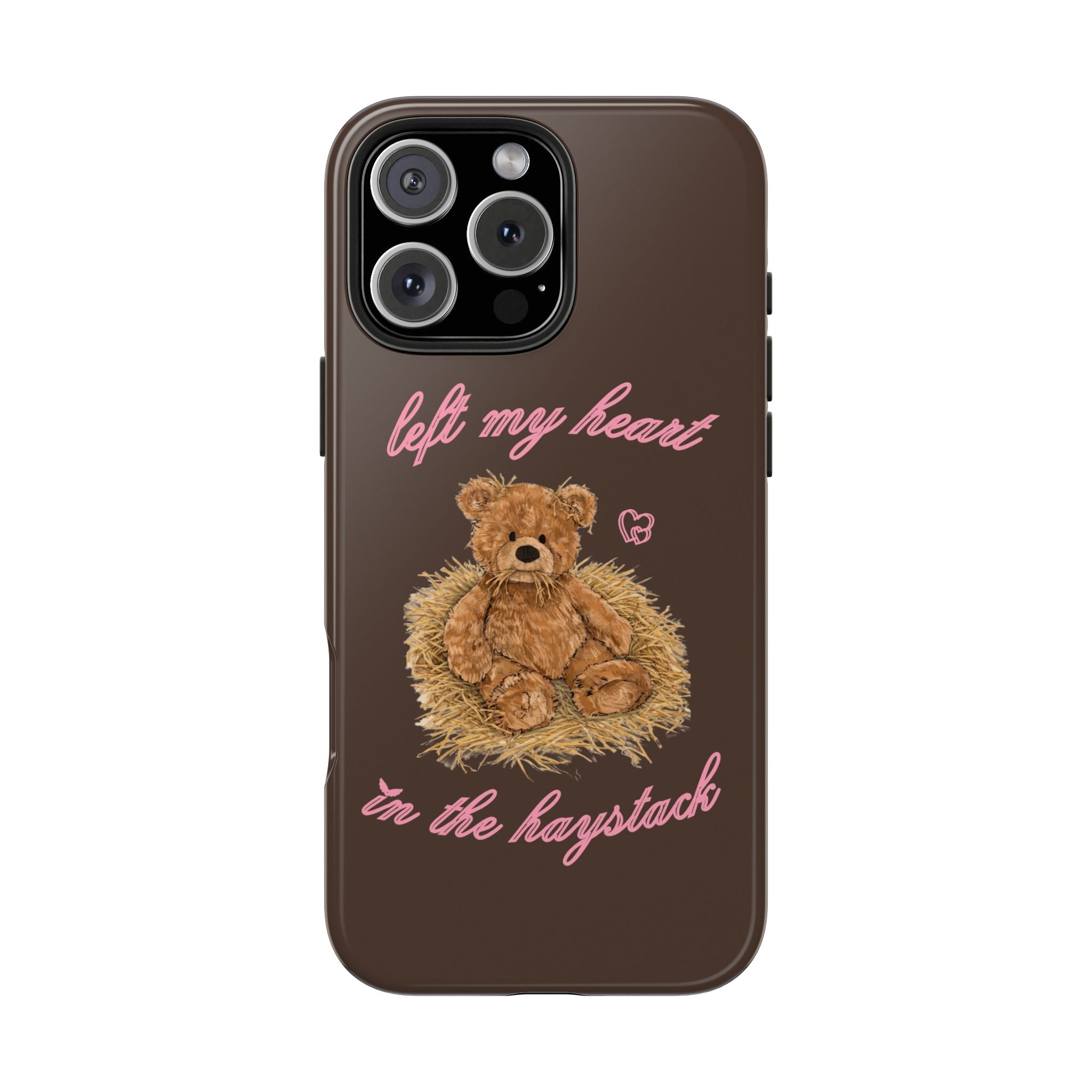 Brown teddy bear phone case with pink heart script and camera module, centered view