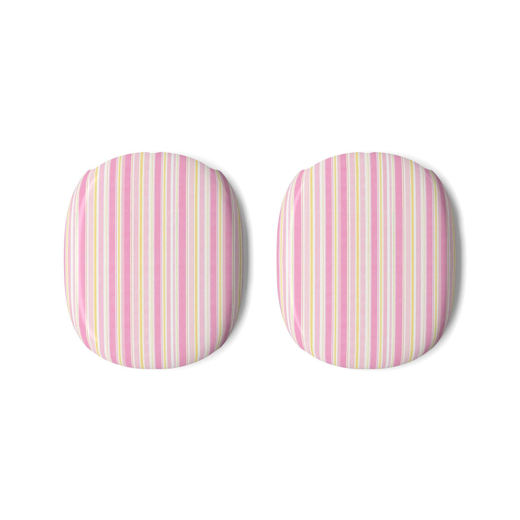 Striped AirPods Max case covers, pink and yellow vertical stripes on light fabric