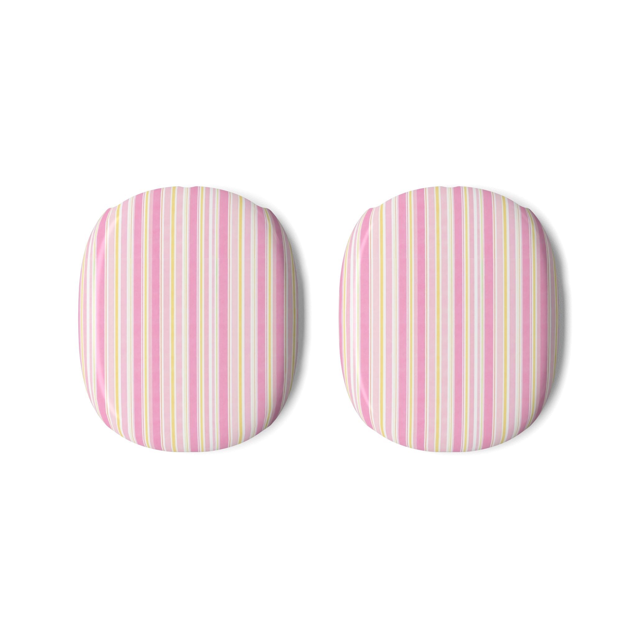 Striped AirPods Max case covers, pink and yellow vertical stripes on light fabric