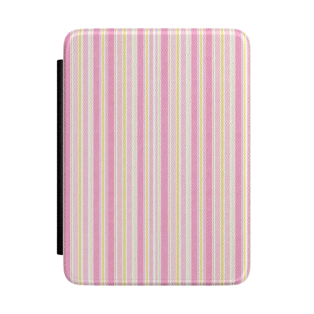 Hardcover Kindle case with vertical striped fabric, pink and yellow accents