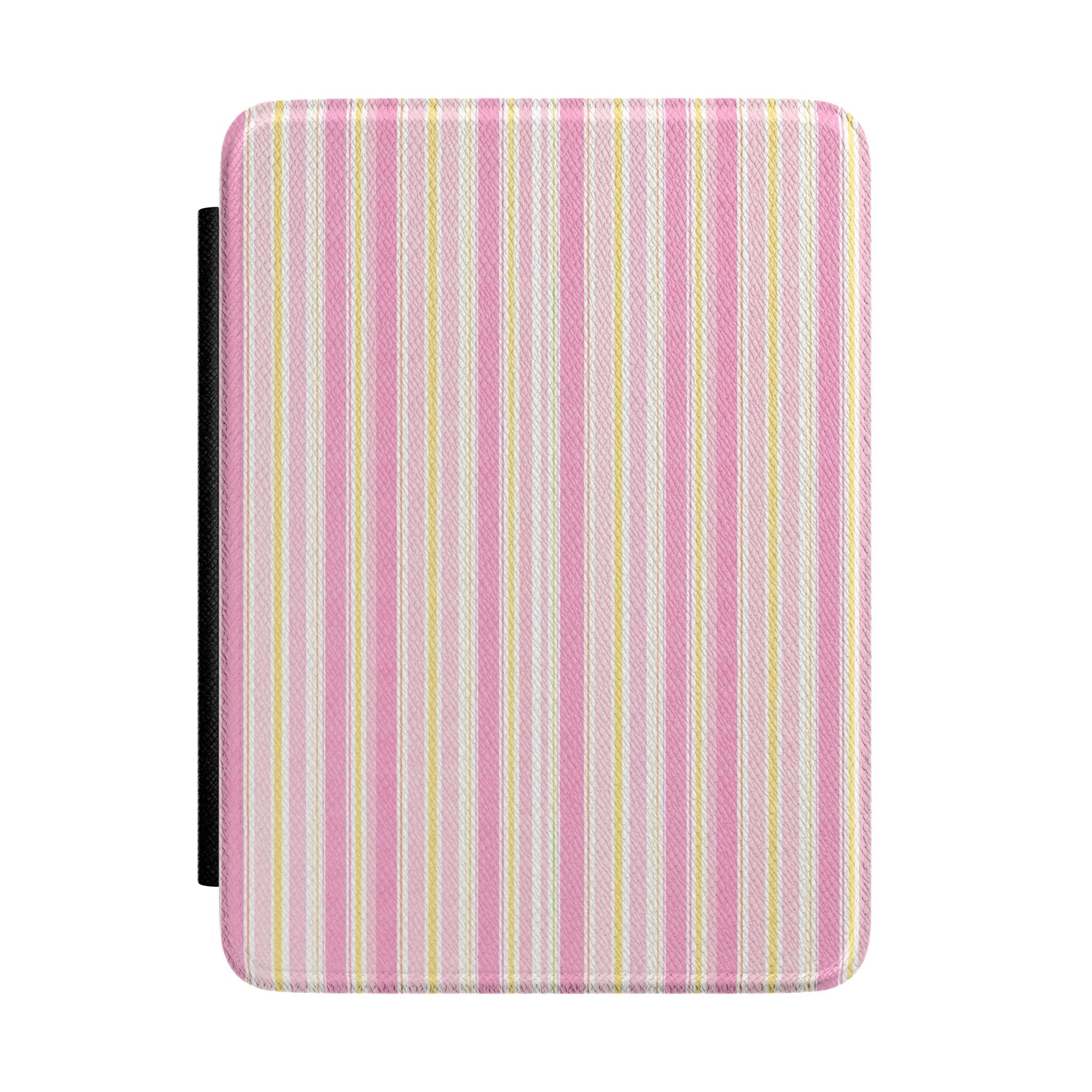 LEMON DROP STRIPES Kindle hardcover case, pink with vertical yellow and white stripes
