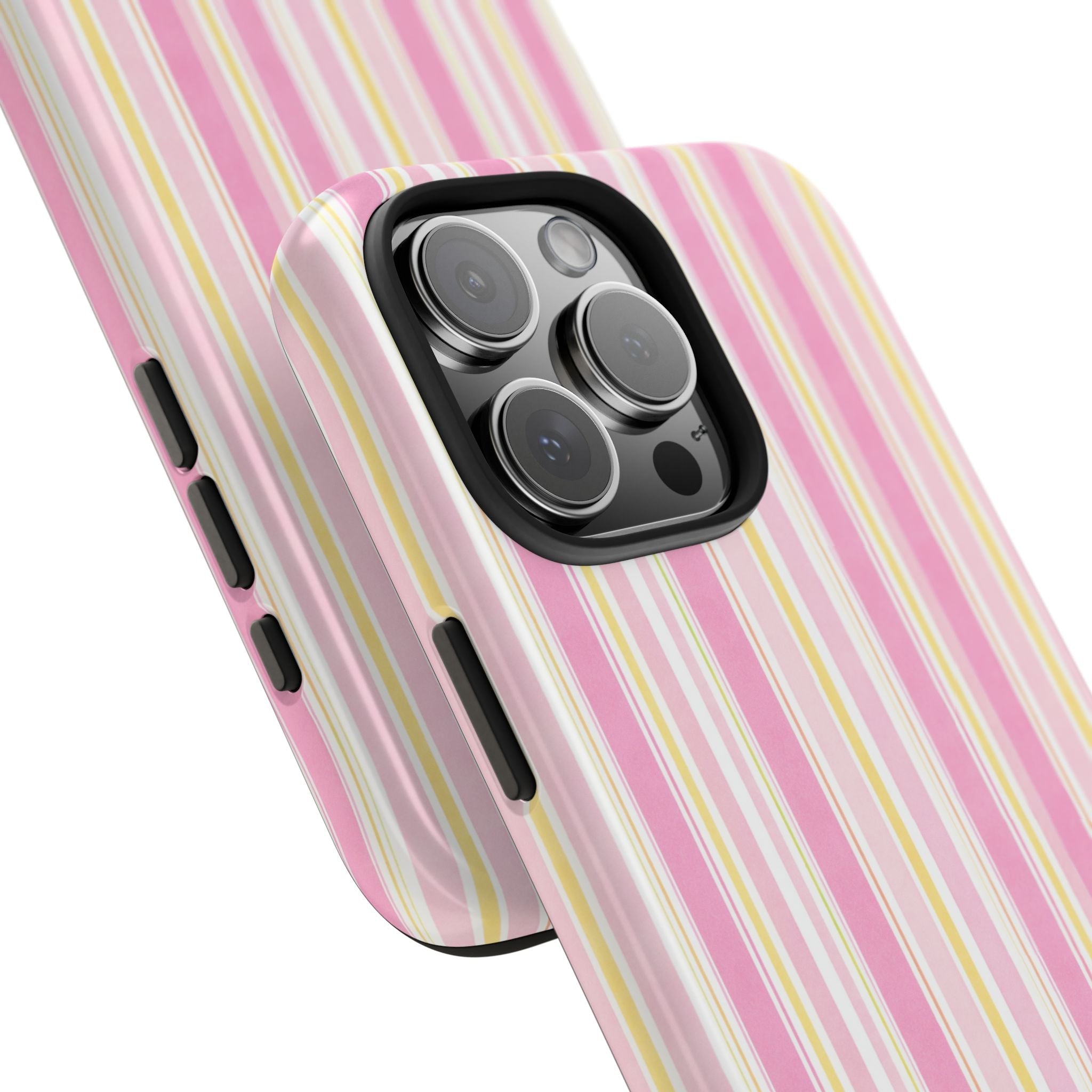 Lemon drop striped phone case, angled view with vertical pink and yellow stripes