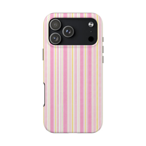 Phone case with vertical pink and yellow stripes and a black camera panel