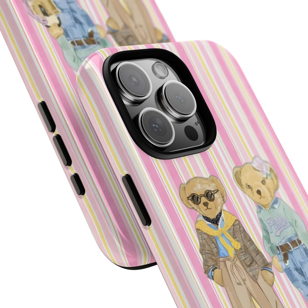 Angled pink striped phone case with two teddy bears, side button cutouts