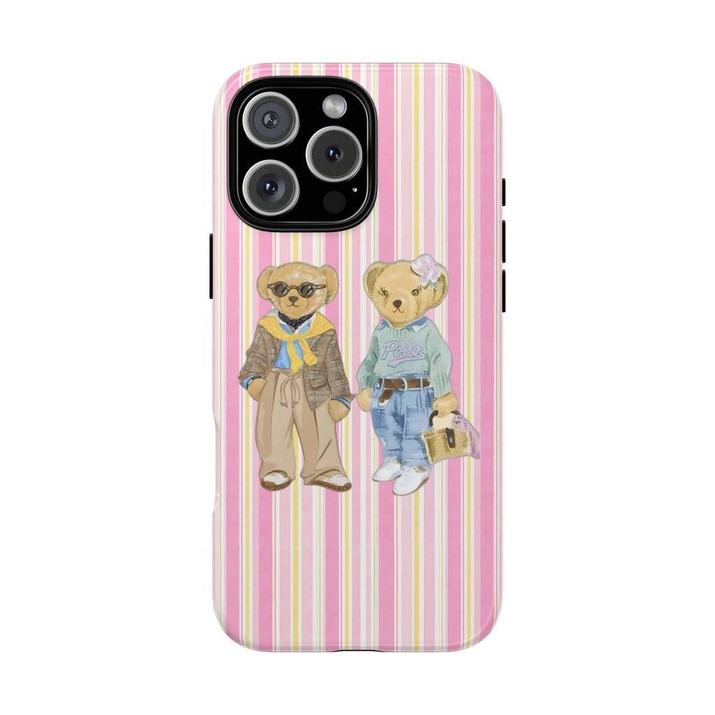 Pink striped phone case with two dressed teddy bears, camera cutout
