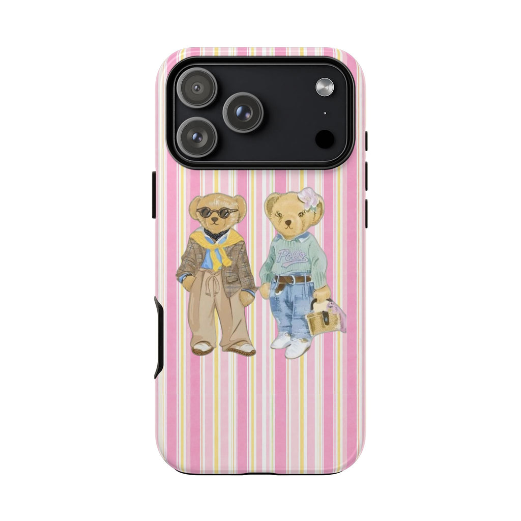 Pink striped case with dressed teddy bears, camera cutout and side buttons