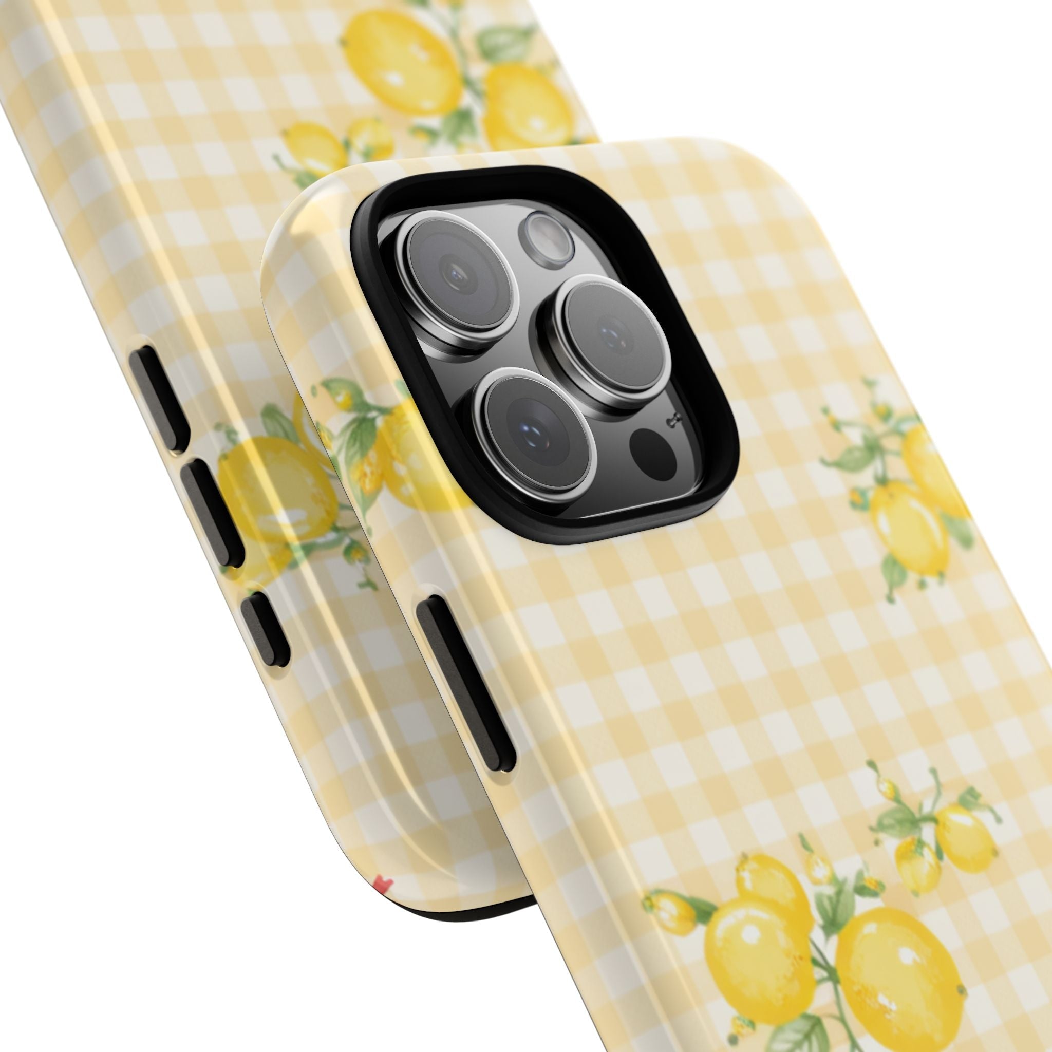 Lemon gingham phone case angled view, yellow lemons and green leaves with lens cutout