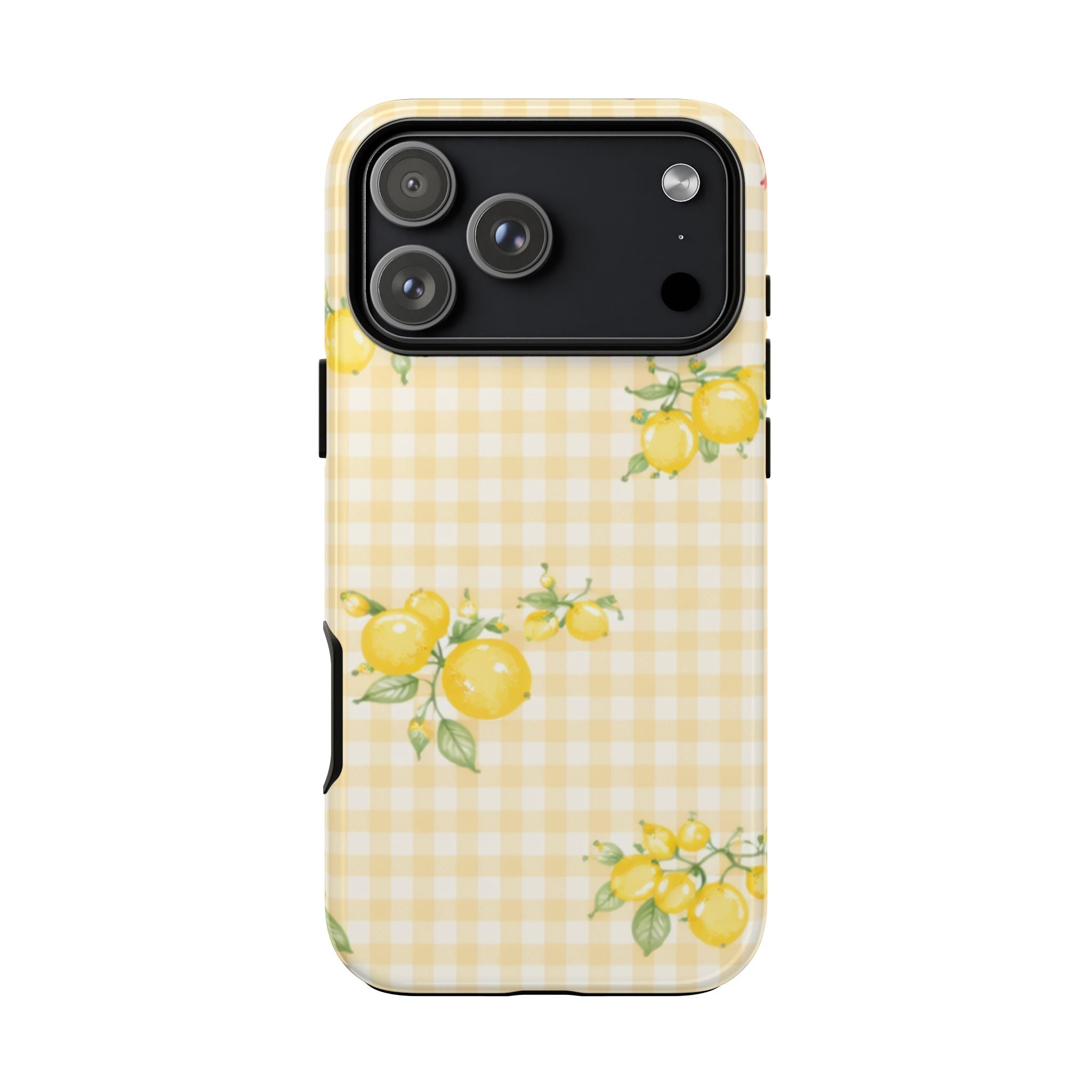 Back view lemon gingham phone case with yellow lemons and green leaves, camera opening