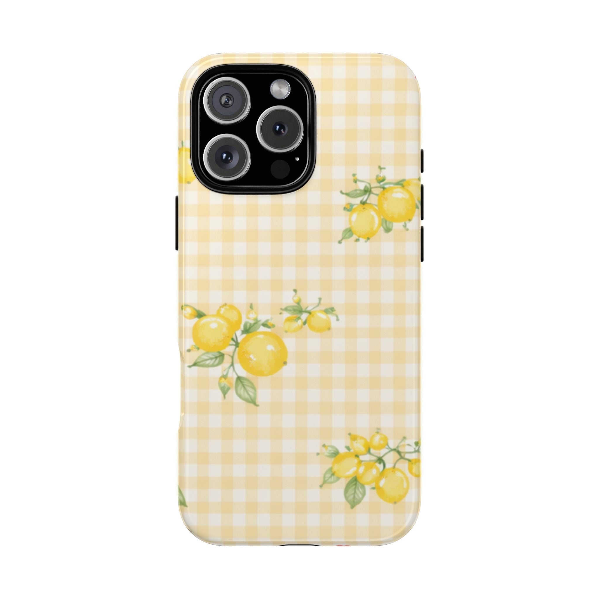 Lemon gingham phone case with yellow lemons and green leaves, black camera cutout