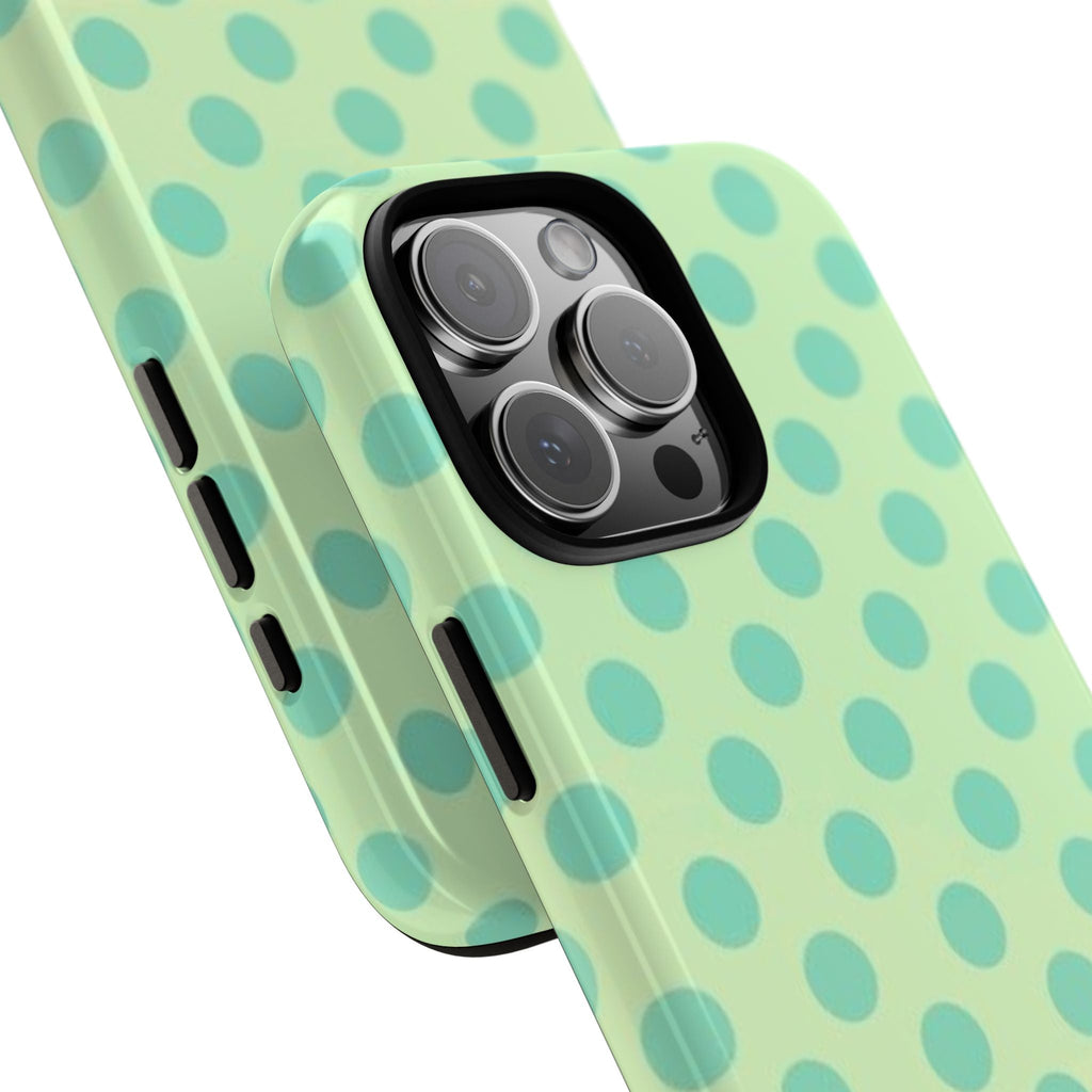 Lemon-lime ombré phone case, teal polka dots, visible camera module opening