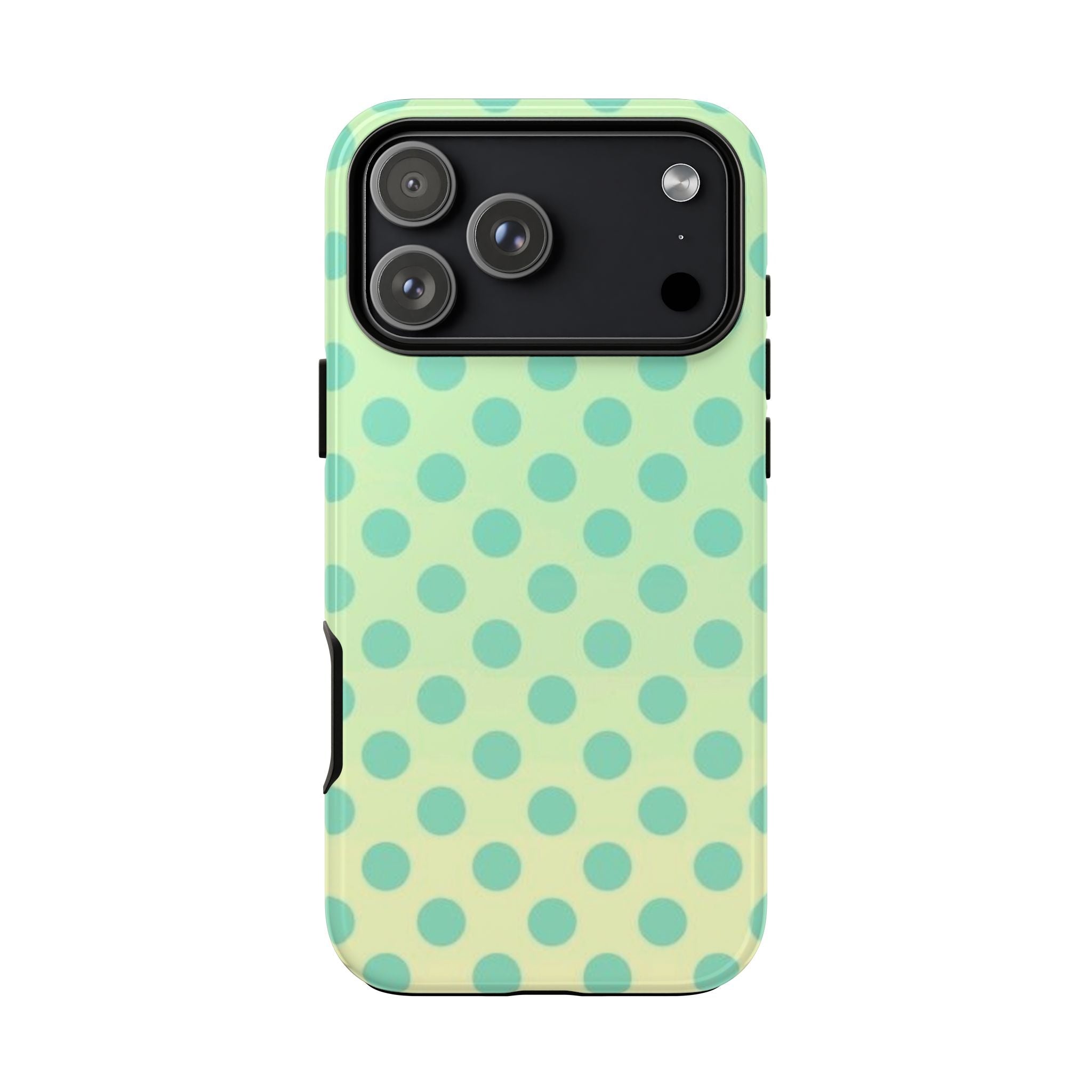 Lemon-lime ombré phone case featuring teal polka dots with camera cutout