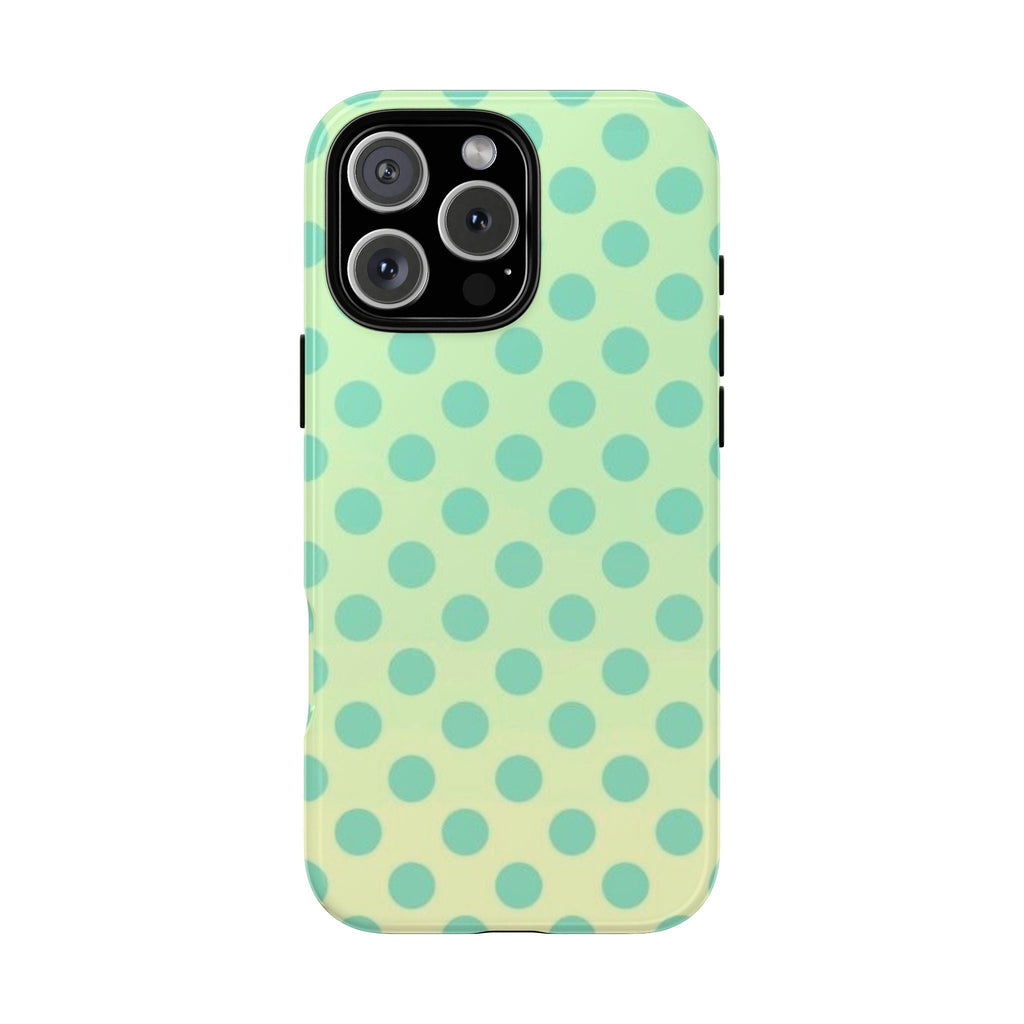 Lemon-lime ombré phone case with teal polka dots and cutout camera lens