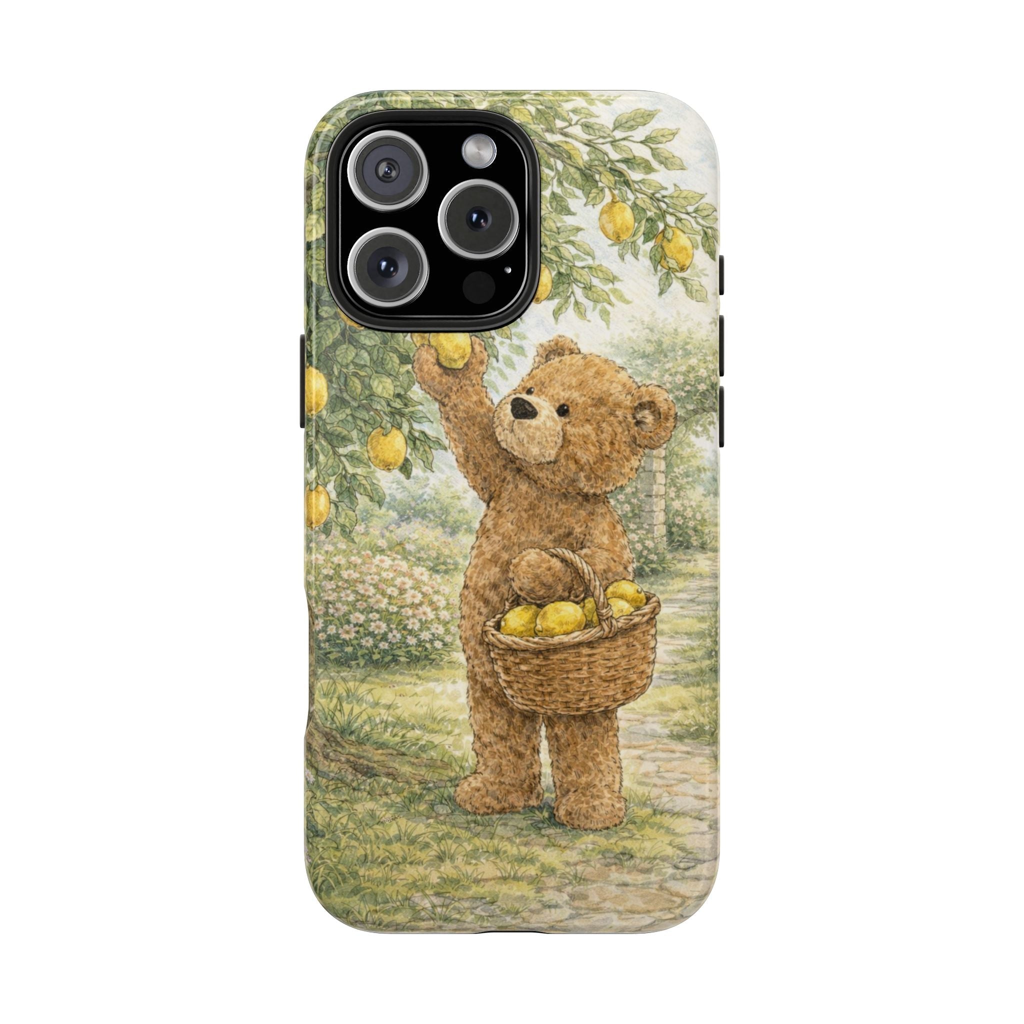 Lemon picking teddy bear phone case, brown bear holding basket of yellow lemons