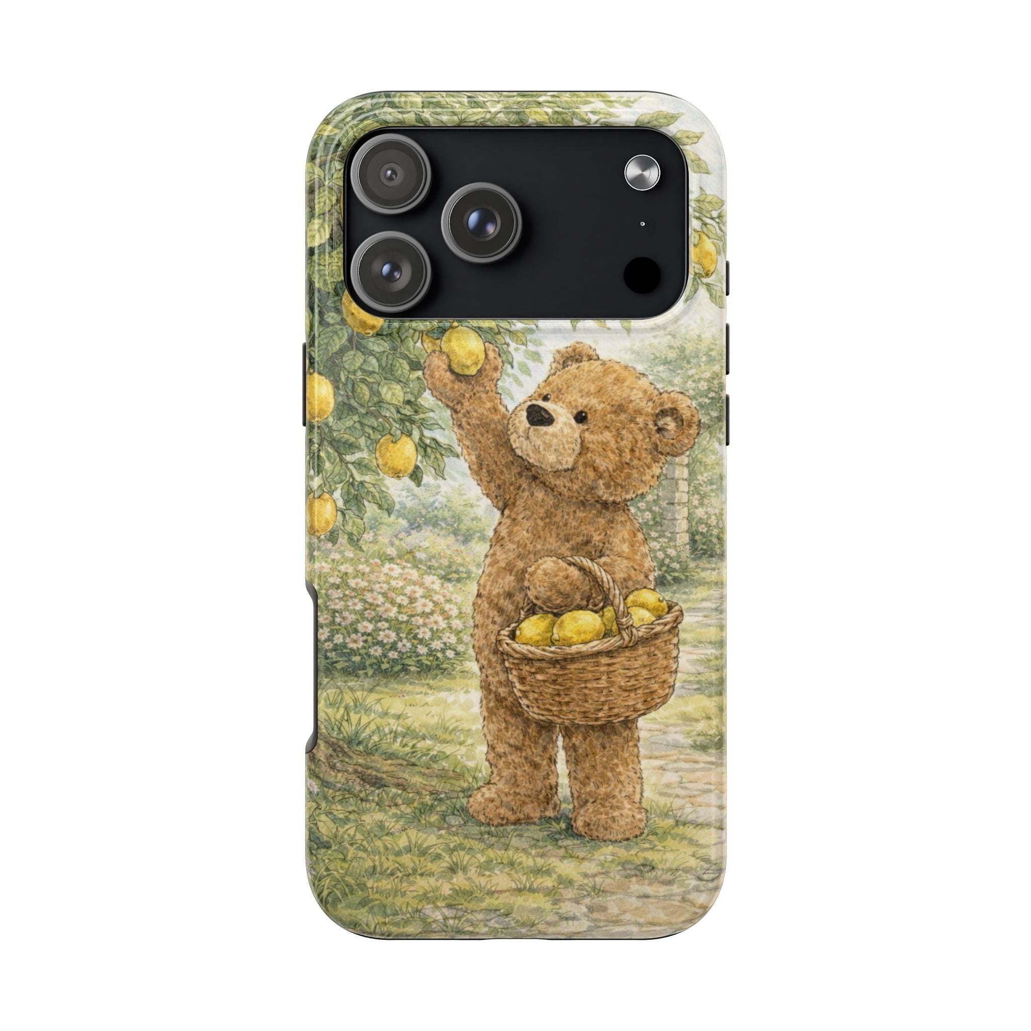 Lemon teddy bear phone case with basket of yellow lemons; camera cutout visible