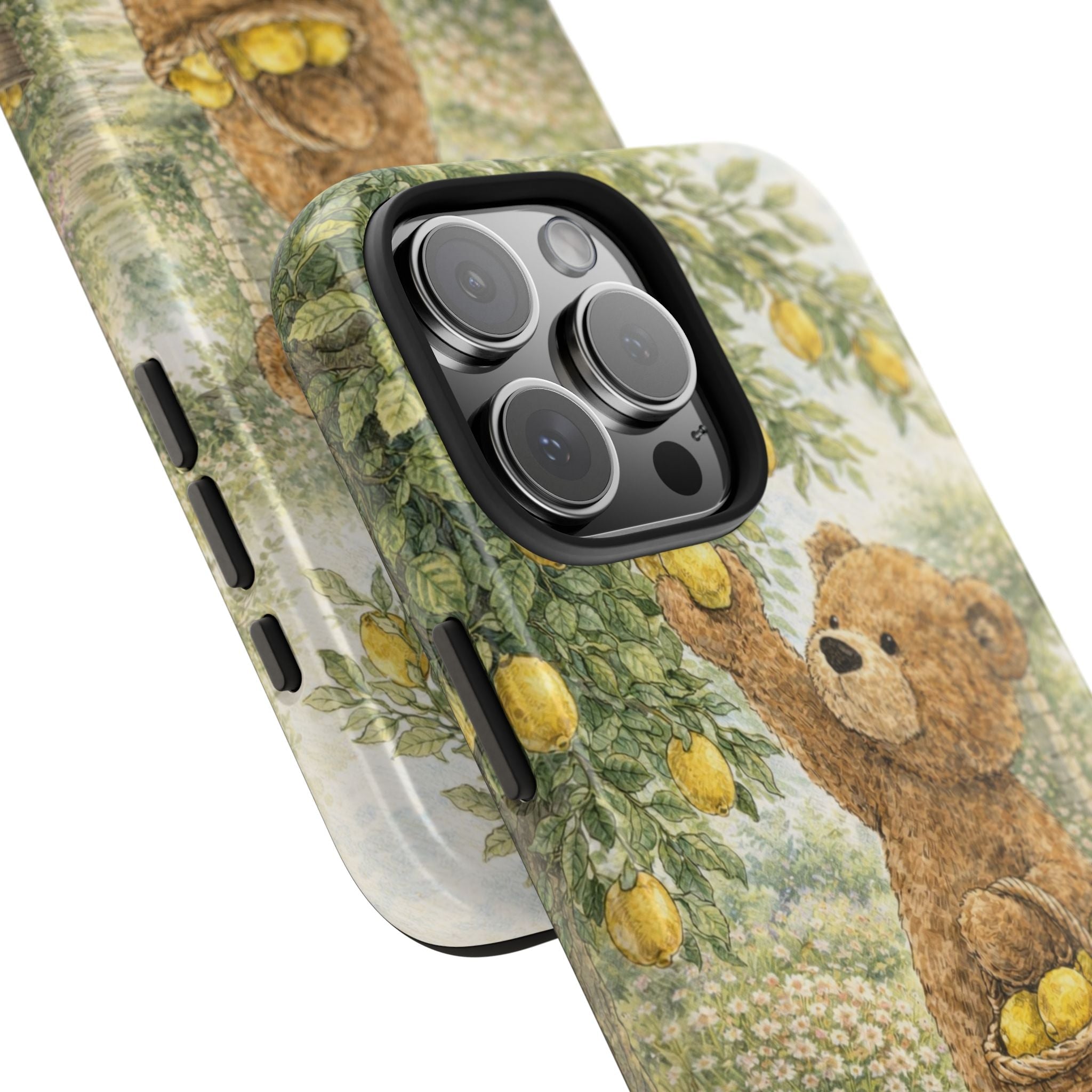 Close-up lemon teddy bear phone case with raised camera bump and side button cutouts