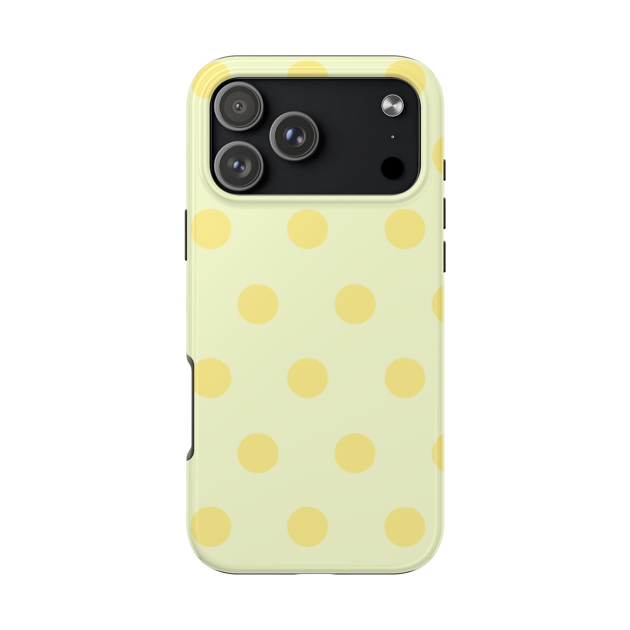 Lemon yellow polka dot phone case with raised camera cutout, front view