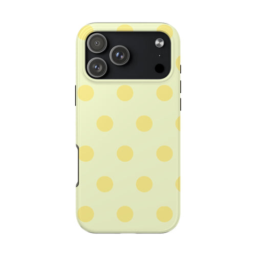 Lemon yellow polka dot phone case with raised camera cutout, front view