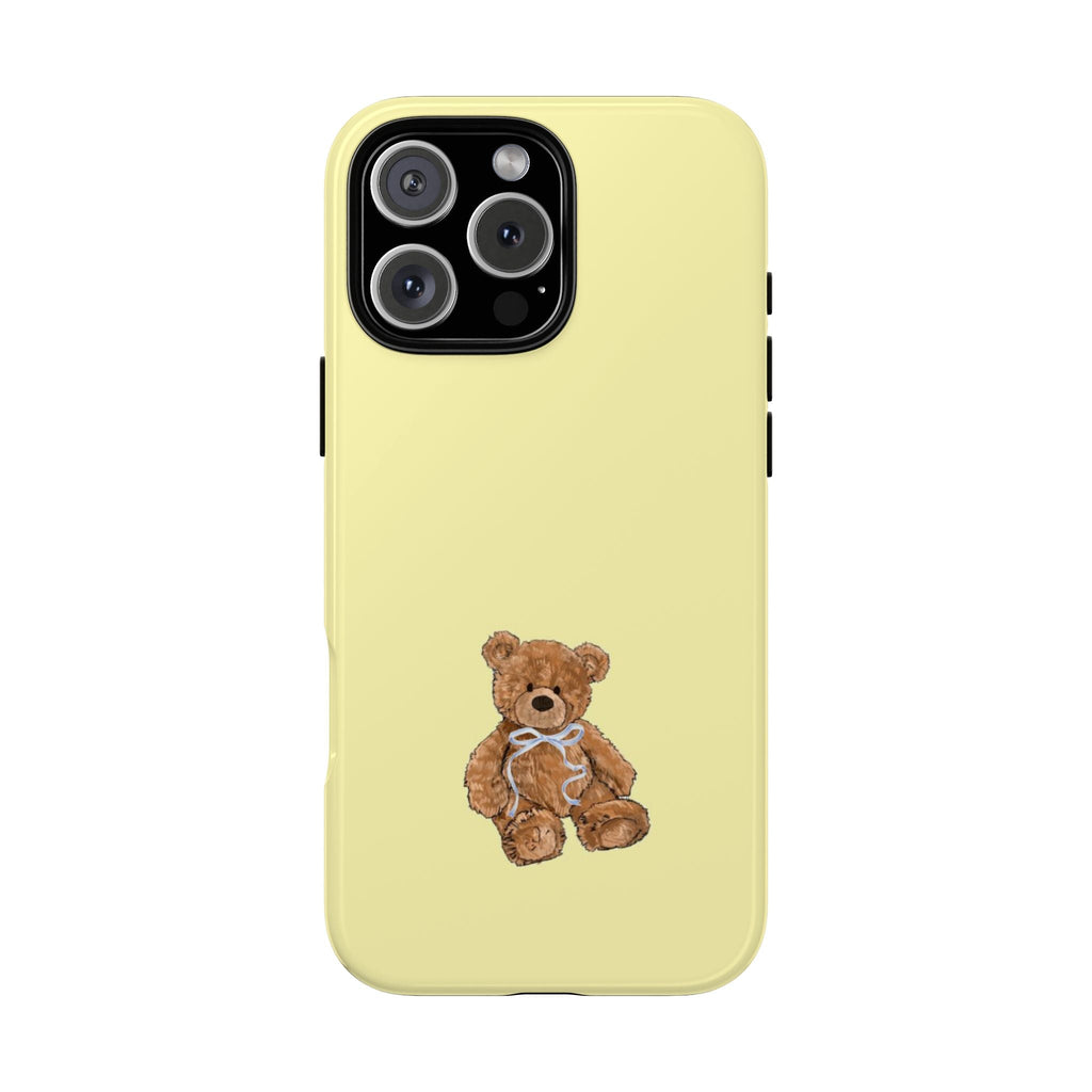 Lemon yellow phone case with brown teddy bear wearing blue bow tie on back