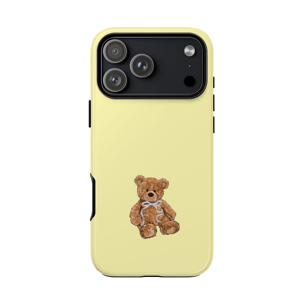 Lemon yellow teddy bear phone case with blue bow tie, camera cutout on back