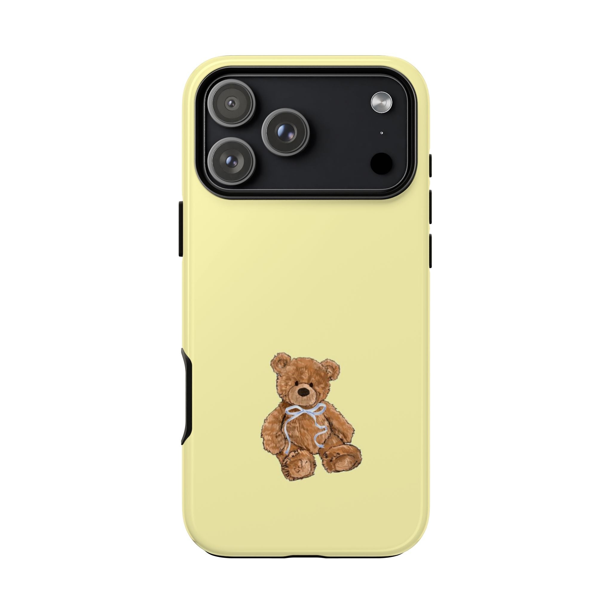 Lemon yellow teddy bear phone case with blue bow tie, camera cutout on back