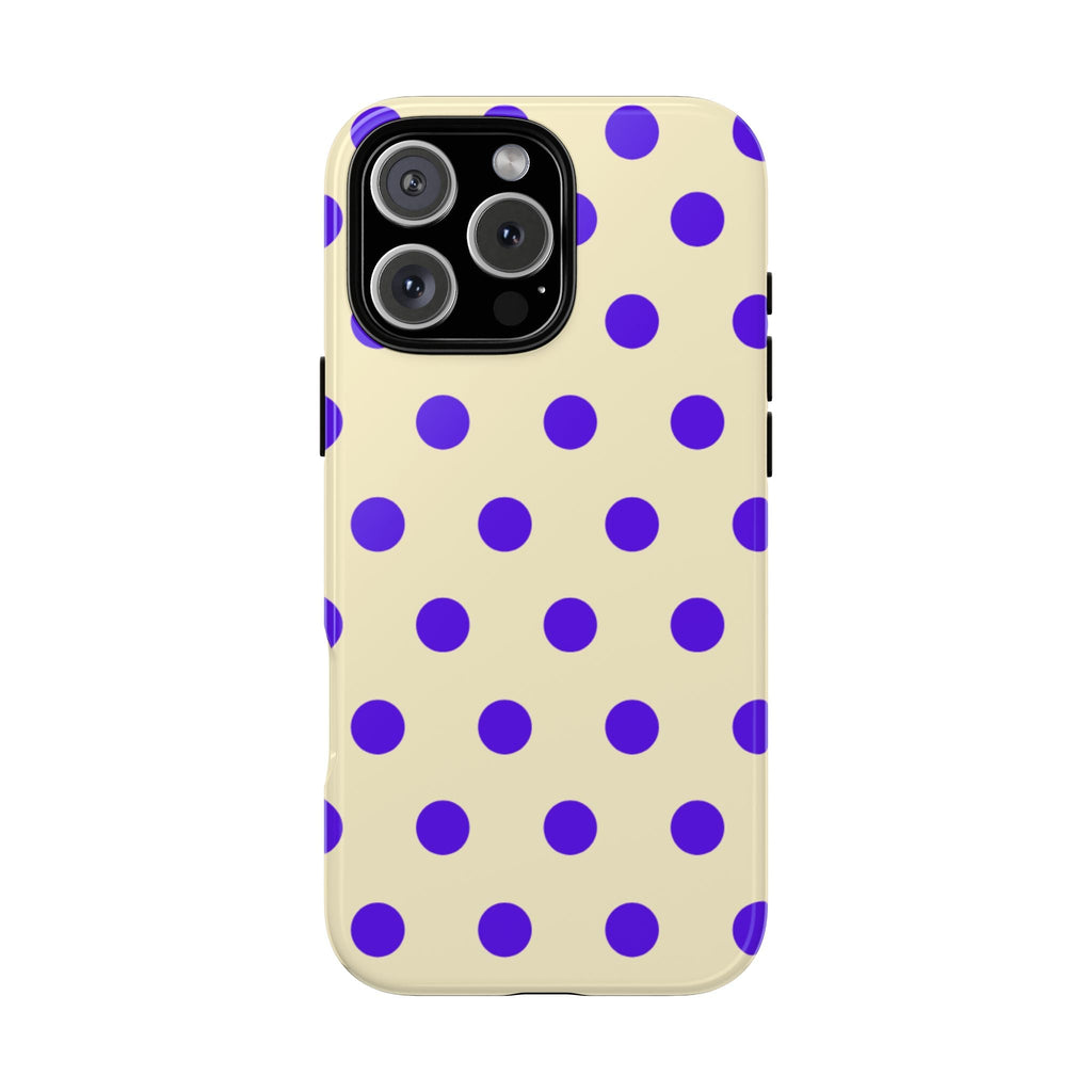Lemon-yellow phone case with bold purple polka dots and camera cutout