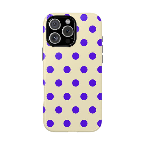Lemon-yellow phone case with bold purple polka dots and camera cutout