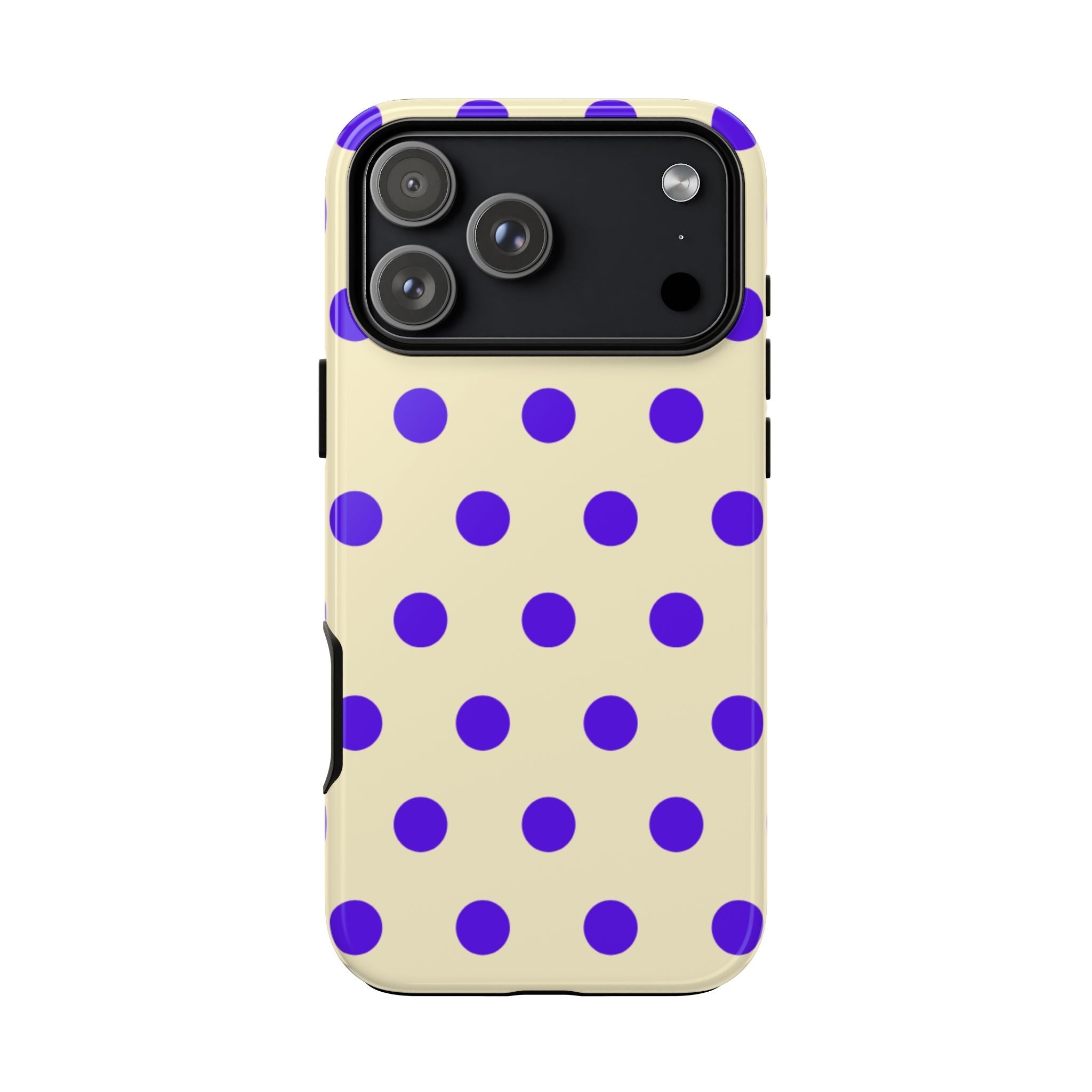 Lemon-yellow phone case with purple polka dots, top camera area visible