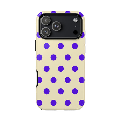 Lemon-yellow phone case with purple polka dots, top camera area visible