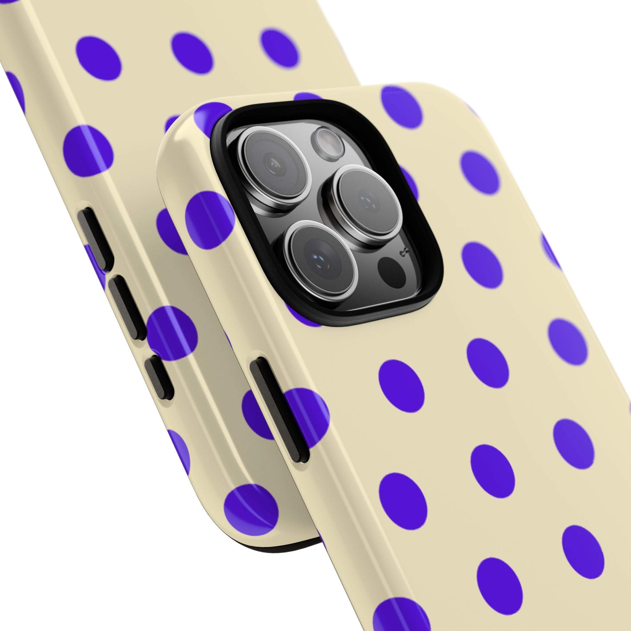 Lemon-yellow polka-dot phone case showing camera lens cutout and side buttons