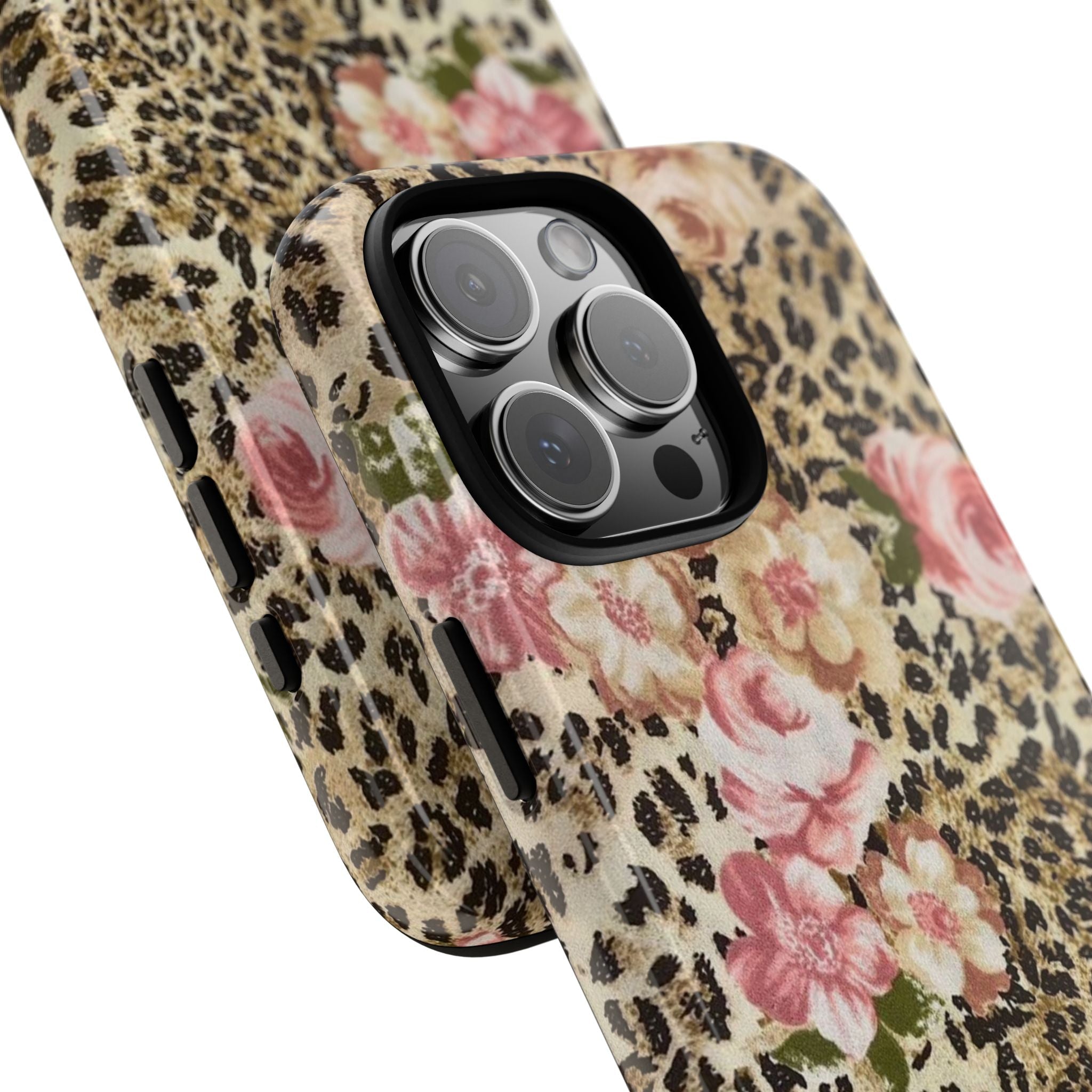 Leopard floral phone case angled view, side button cutouts and raised camera bump