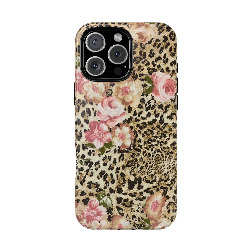 Leopard floral phone case with pink roses and dark leopard print, camera cutouts
