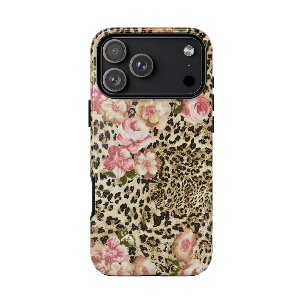 Leopard floral phone case back view with camera openings and black center frame