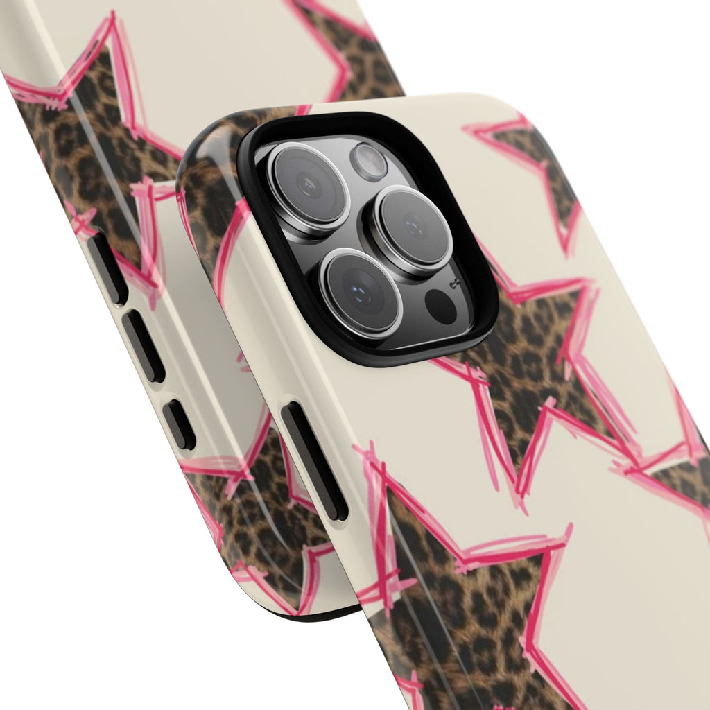 Leopard star phone case showing side button cutouts and sleek camera bump