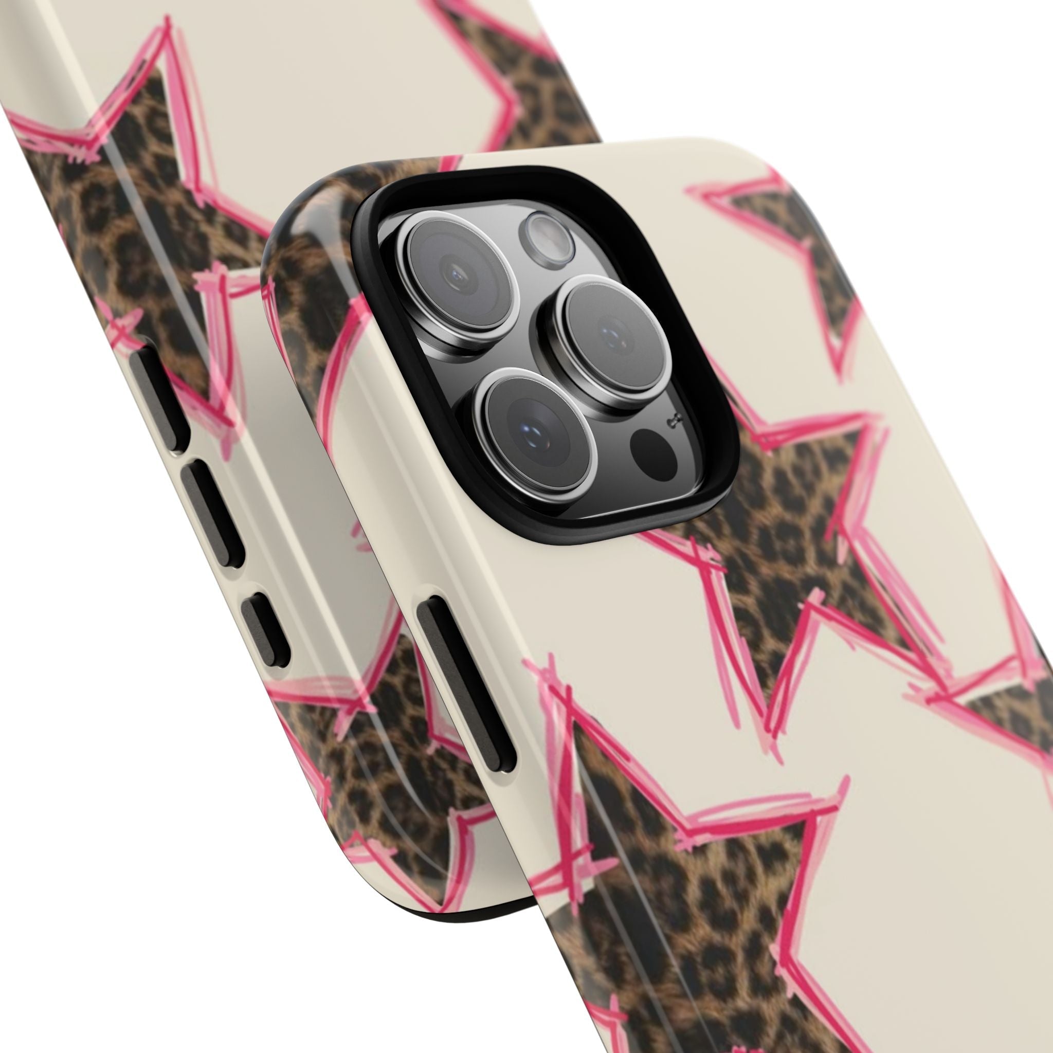 Leopard star phone case showing side button cutouts and sleek camera bump