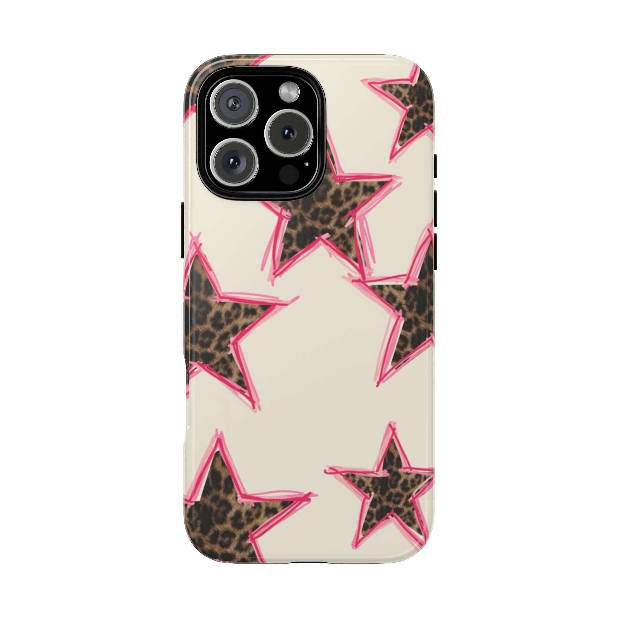 Leopard print phone case with pink star graphic, cream background and camera cutouts
