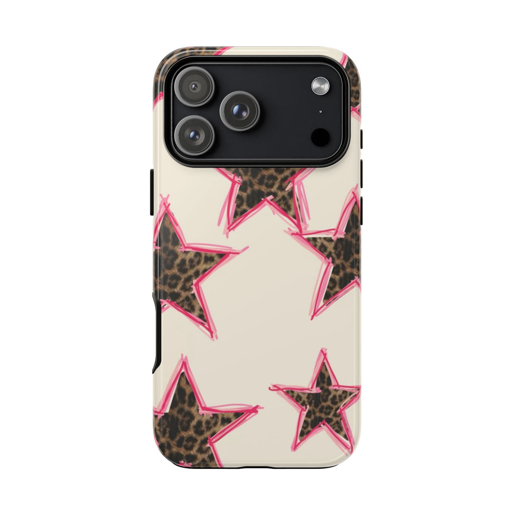Leopard and pink star phone case with raised camera module and black lens frames