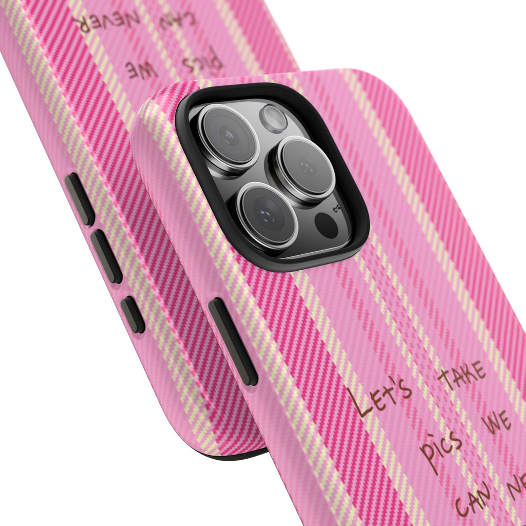 Pink plaid phone case with raised side buttons and camera lens openings, overlapping view