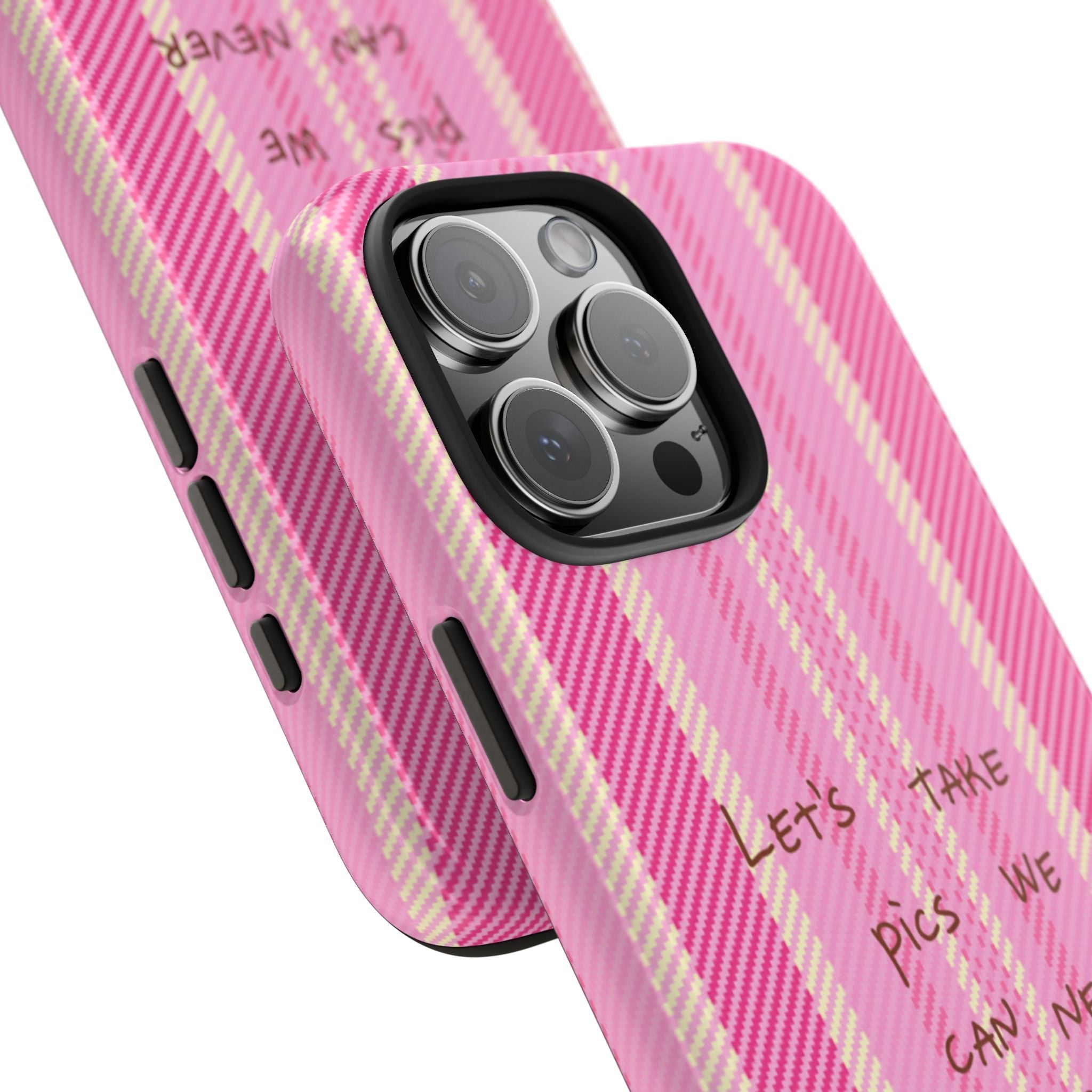 Pink plaid phone case with raised side buttons and camera lens openings, overlapping view