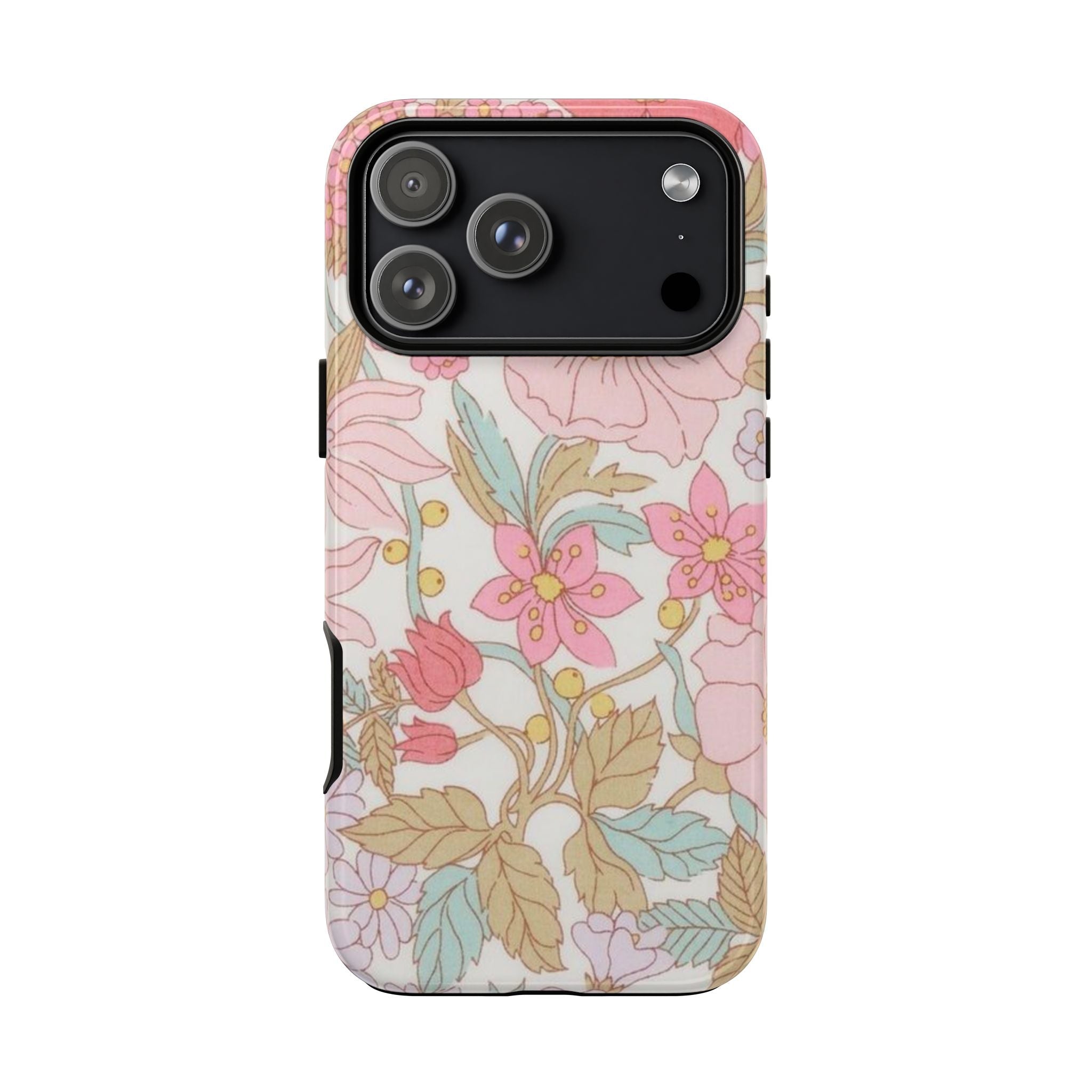 Floral phone case featuring pastel blossoms and leaves with camera cutout on back