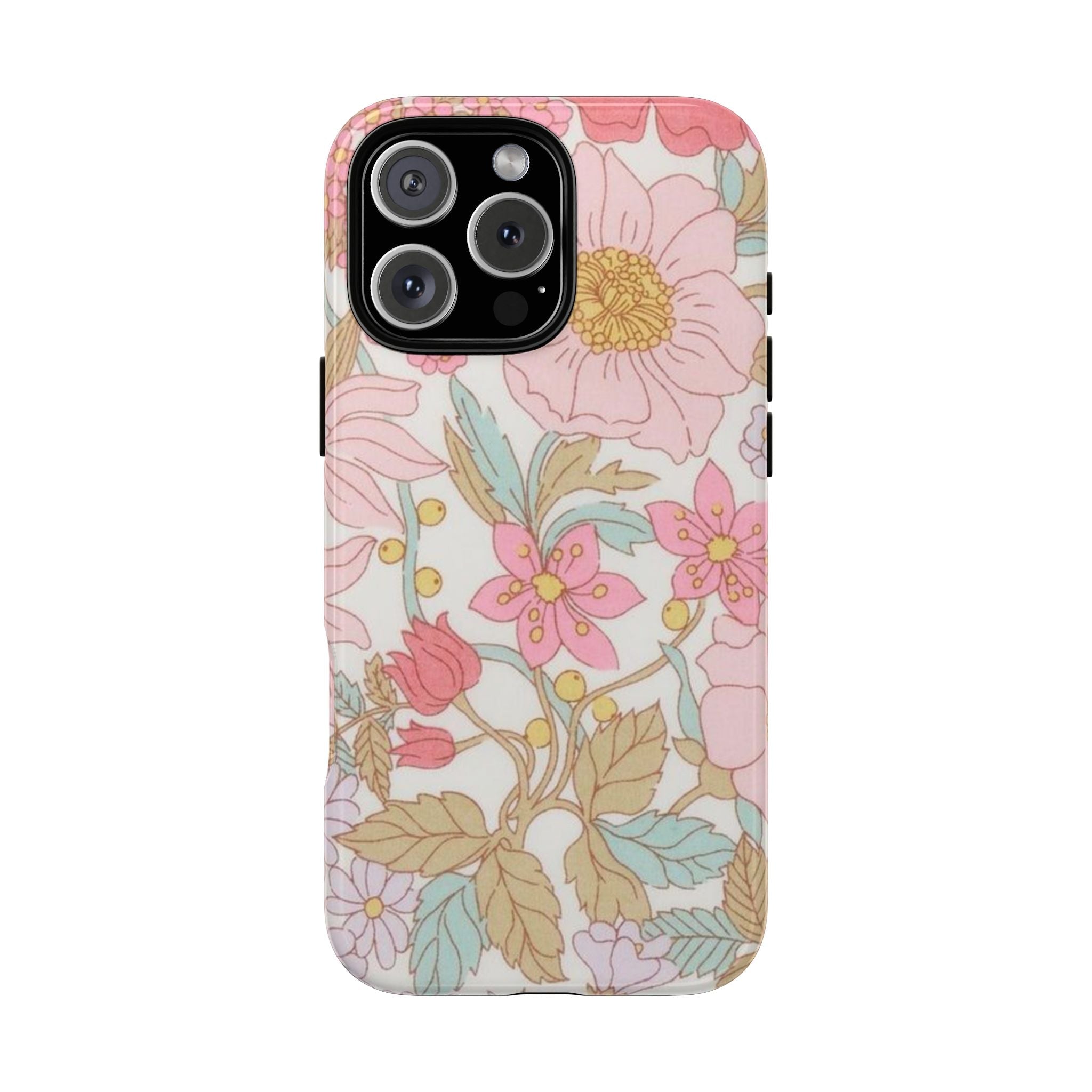 Liberty floral phone case with pink, yellow, blue flowers and a light background