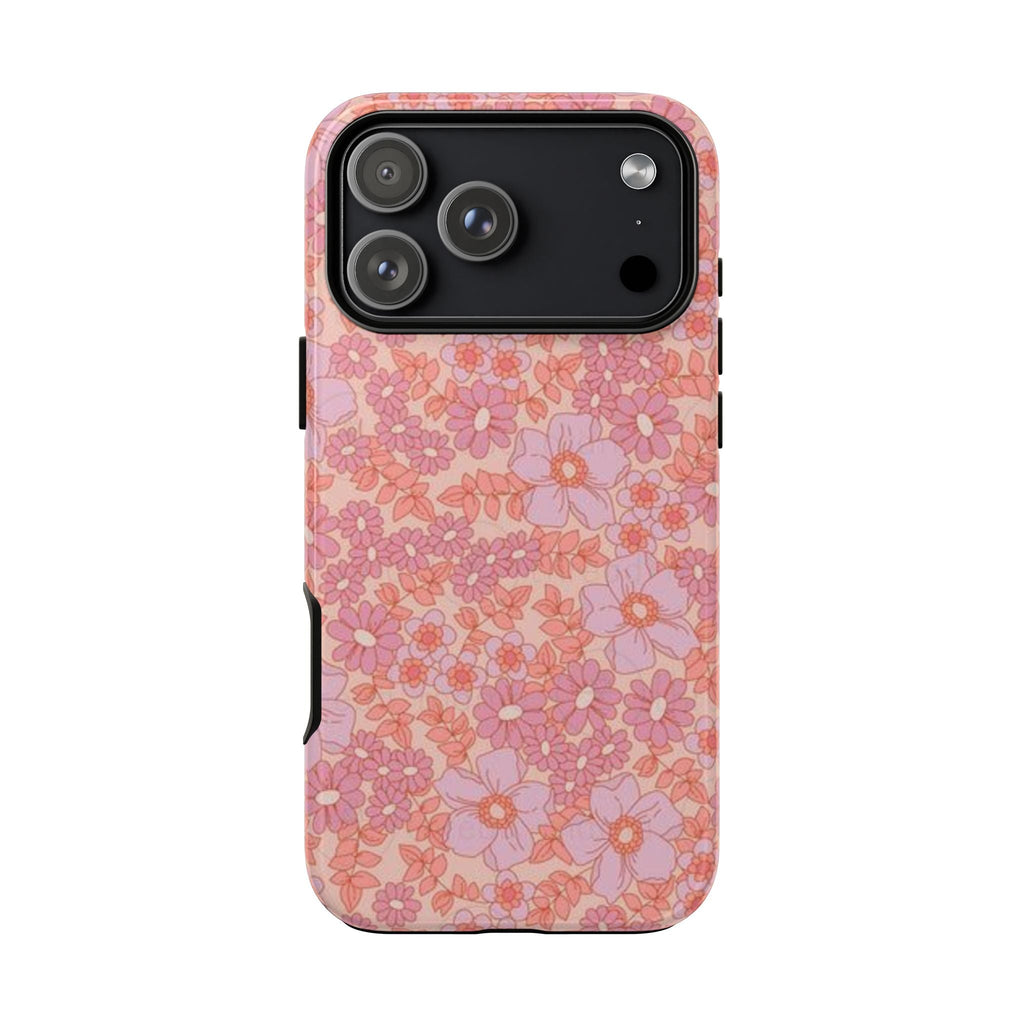 Minimalist floral phone case, pastel pink flowers; side profile and camera opening