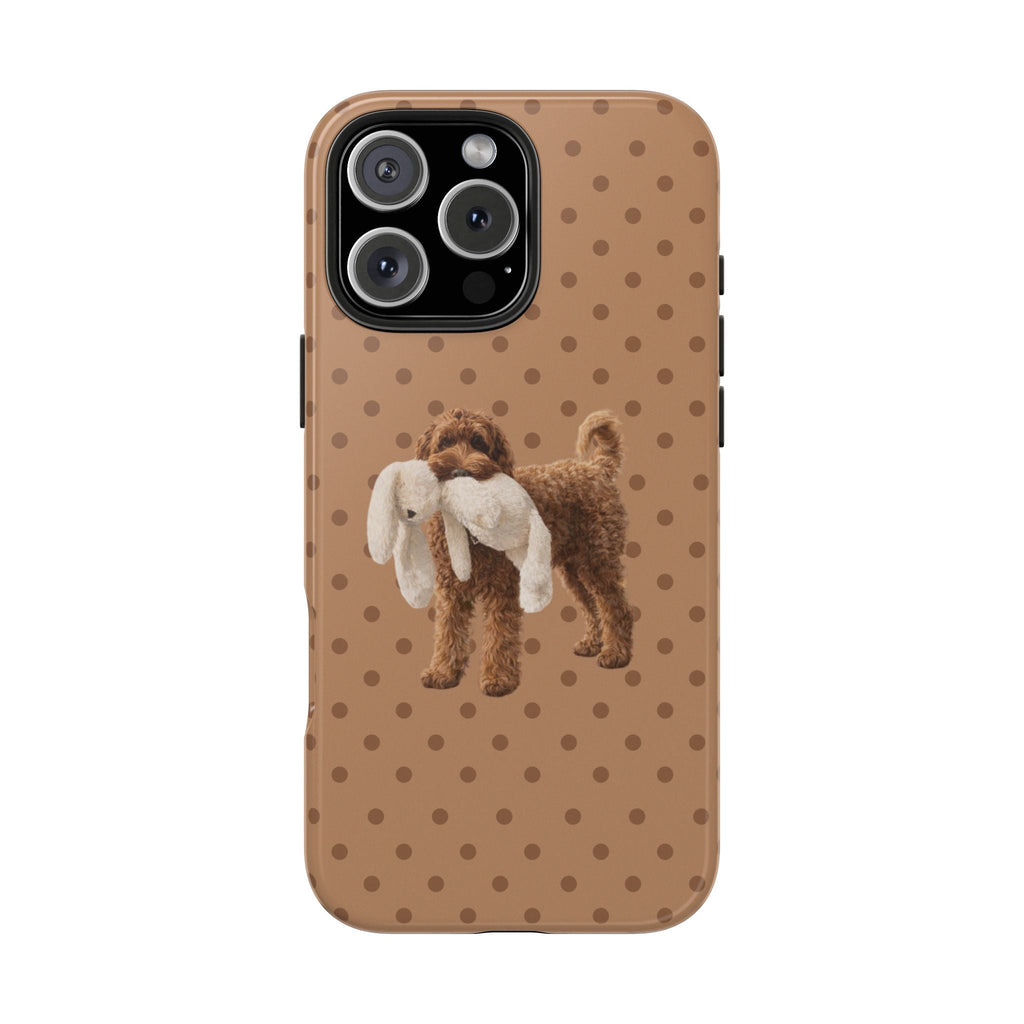 Light brown polka dot phone case with golden doodle dog graphic
